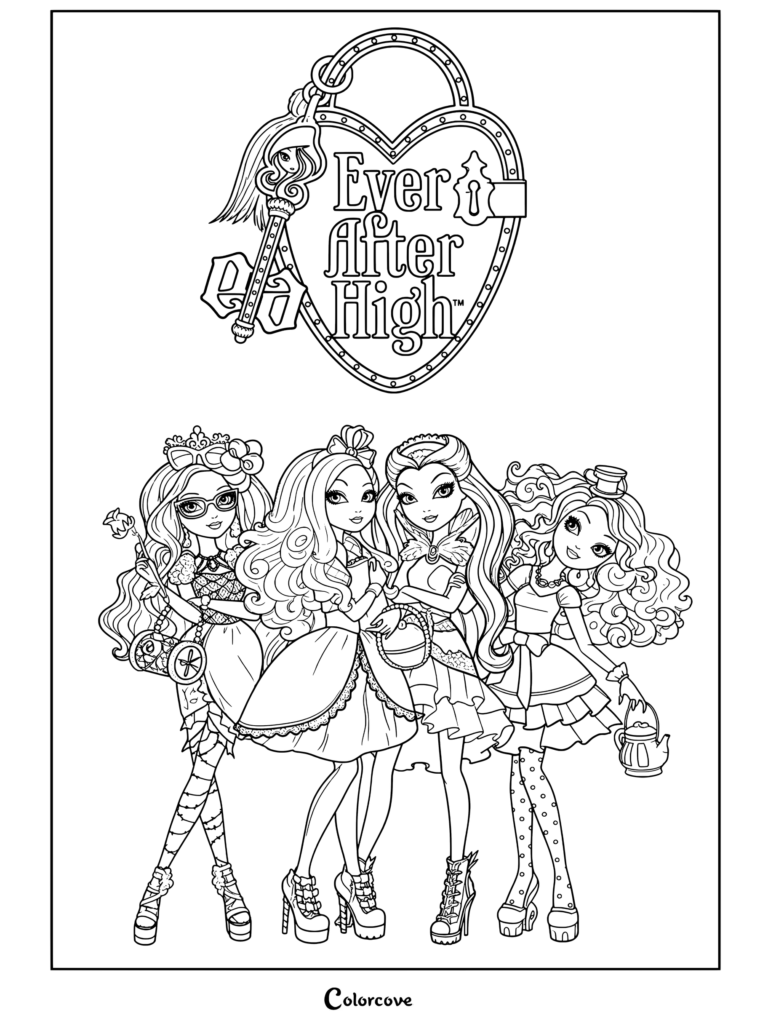 Un coloriage de Ever After High représentant Briar Beauty, Apple White, Raven Queen et Maddie Hatter dans un portrait de groupe sous le logo officiel.