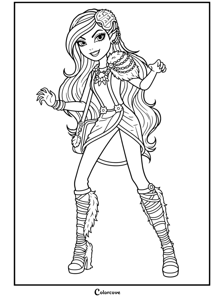 Coloriage de Ever After High de Cedar Wood dans sa tenue Dragon Games, posant de manière dynamique.