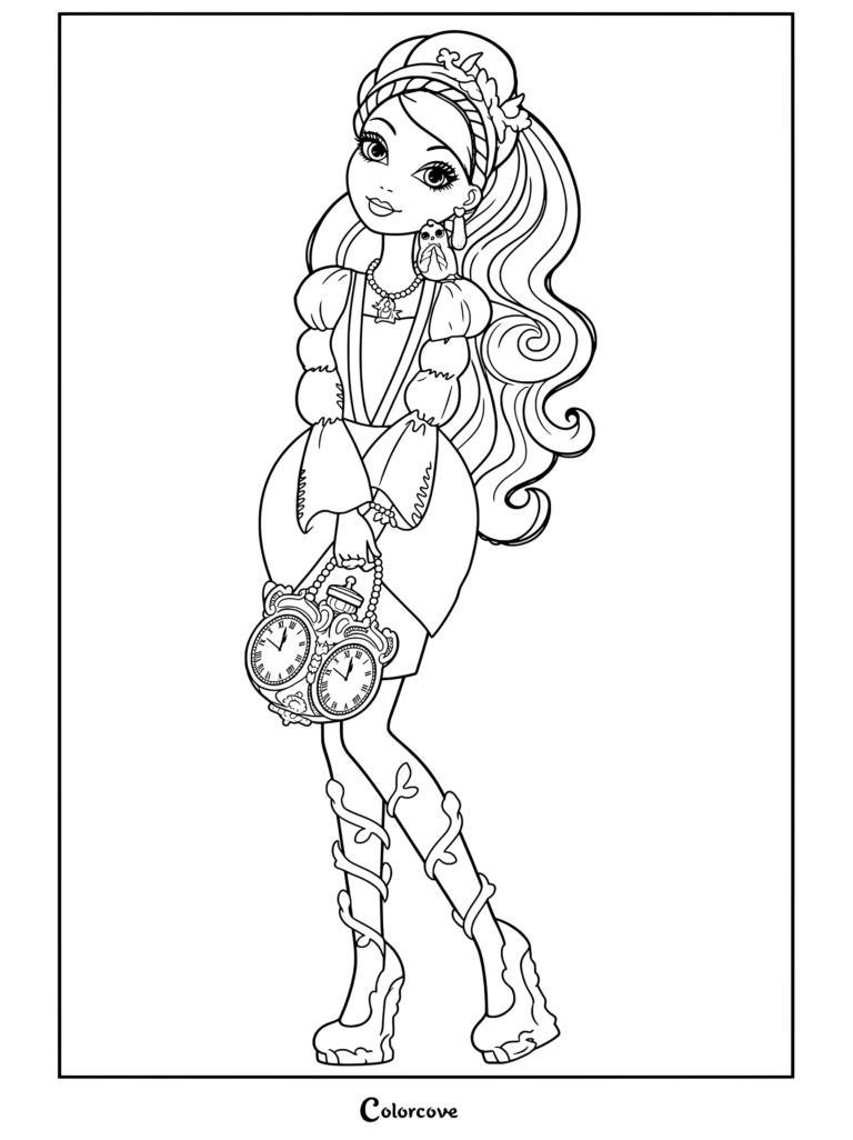 Coloriage d'Apple White, fille de Blanche-Neige, tenant un sac à double horloge dans Ever After High.