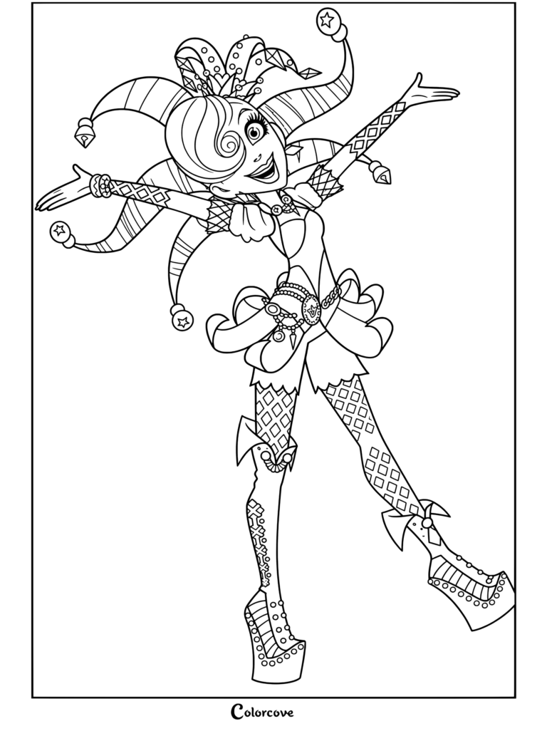 Coloriage de Courtly Jester de Ever After High mettant en vedette le personnage posant joyeusement avec un chapeau de jouteur coloré et un costume élaboré.