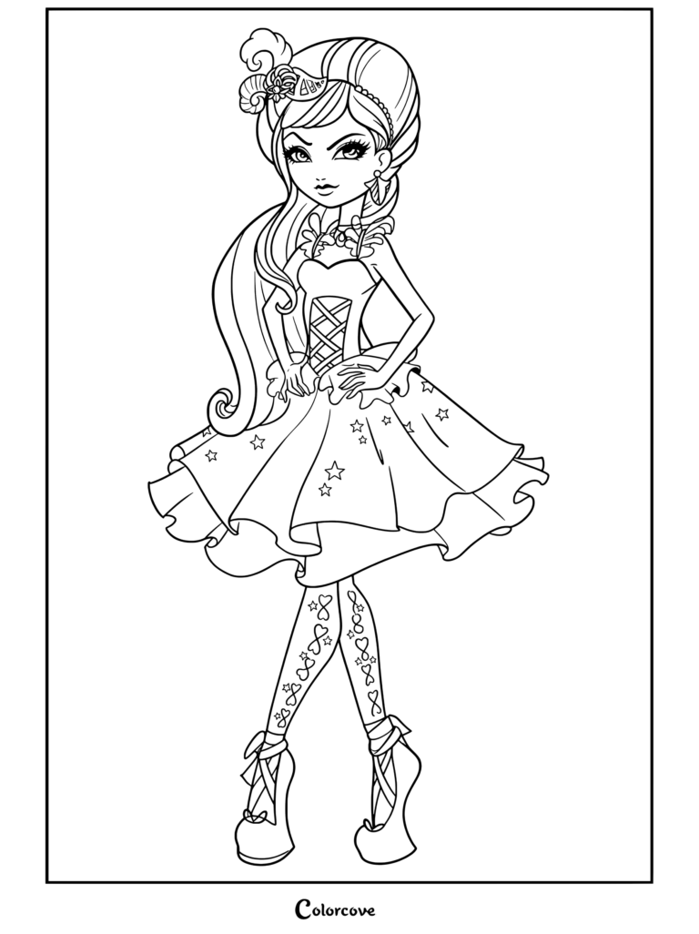 Coloriage de Ever After High représentant Duchess Swan dans une robe violette de concert de bal et un coiffe à plumes