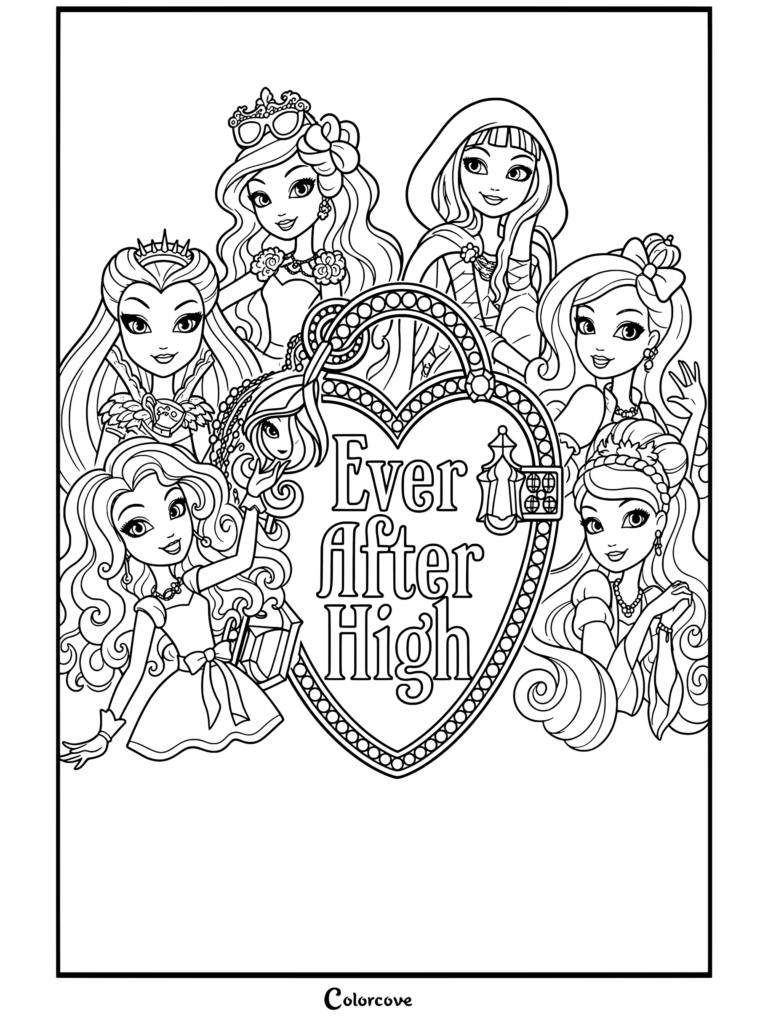 Coloriage de Ever After High représentant un portrait de groupe avec Apple White, Raven Queen, Briar Beauty, Madeline Hatter, Ashlynn Ella et Cerise Hood encadrant le motif de cœur décoratif.