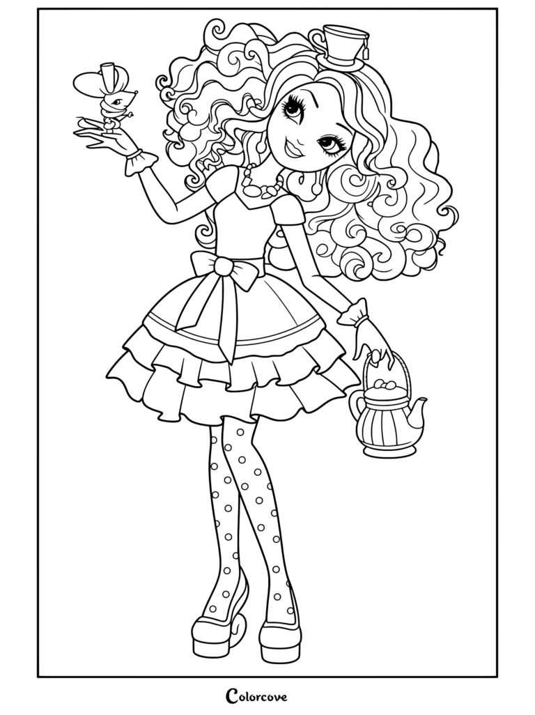 Coloriage de Madeline Hatter tenant une théière et un loir dans son chapeau en forme de tasse de thé pour les fans de Ever After High.
