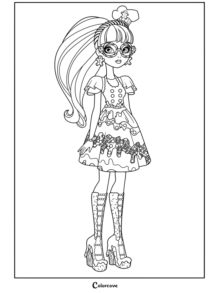 Coloriage à imprimer de Ginger Breadhouse de Ever After High portant une tenue de chef de friandises avec une queue de cheval haute et des lunettes.