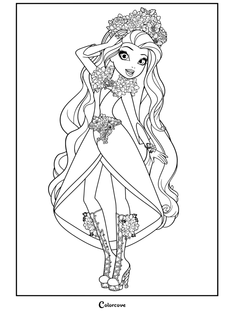 Coloriage d'Holly O'Hair de Ever After High mettant en vedette sa tenue Epic Winter avec de longs cheveux roux, un col floral violet et une robe florale blanche.