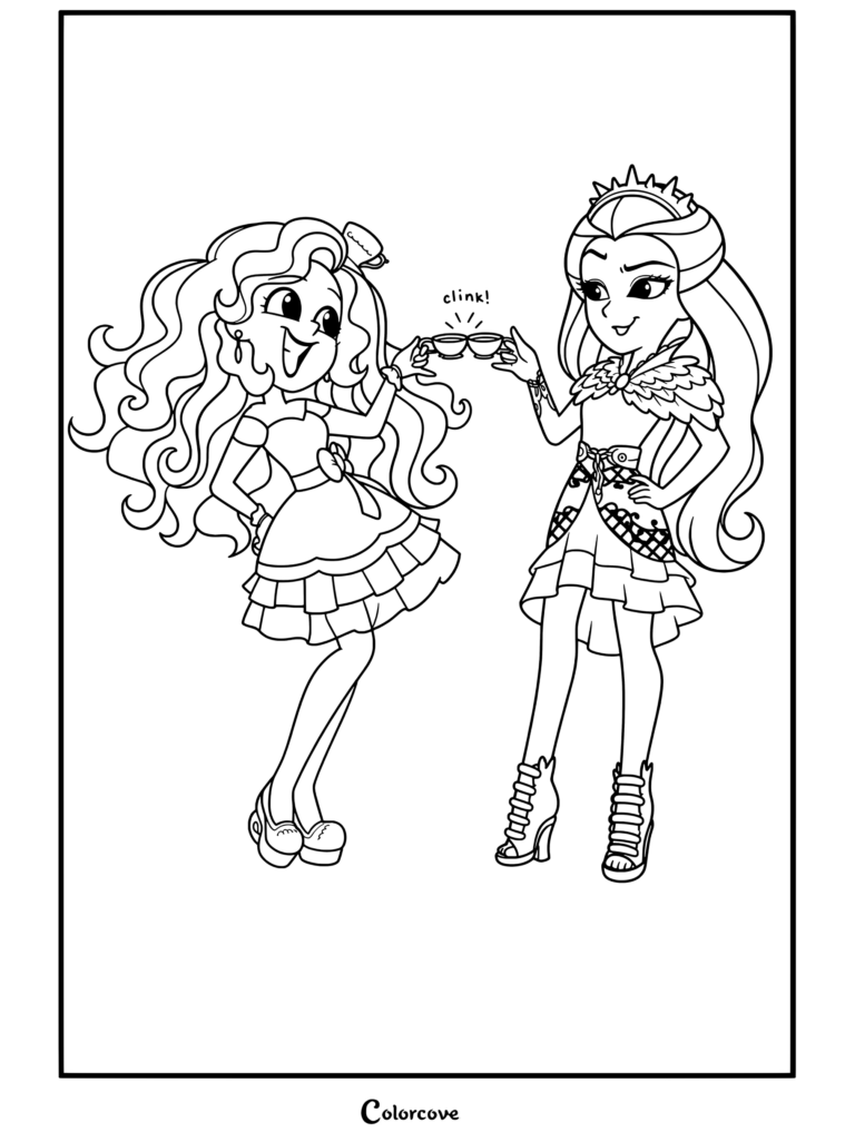 Madeline Hatter et Raven Queen entrechoquant leurs tasses de thé dans ce coloriage à imprimer de Ever After High.
