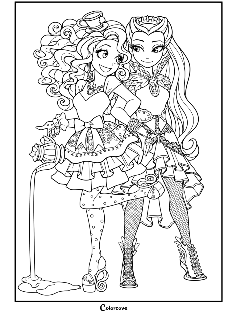 Madeline Hatter et Raven Queen se tenant la main dans le style de mode Way Too Wonderland dans ce coloriage Ever After High.