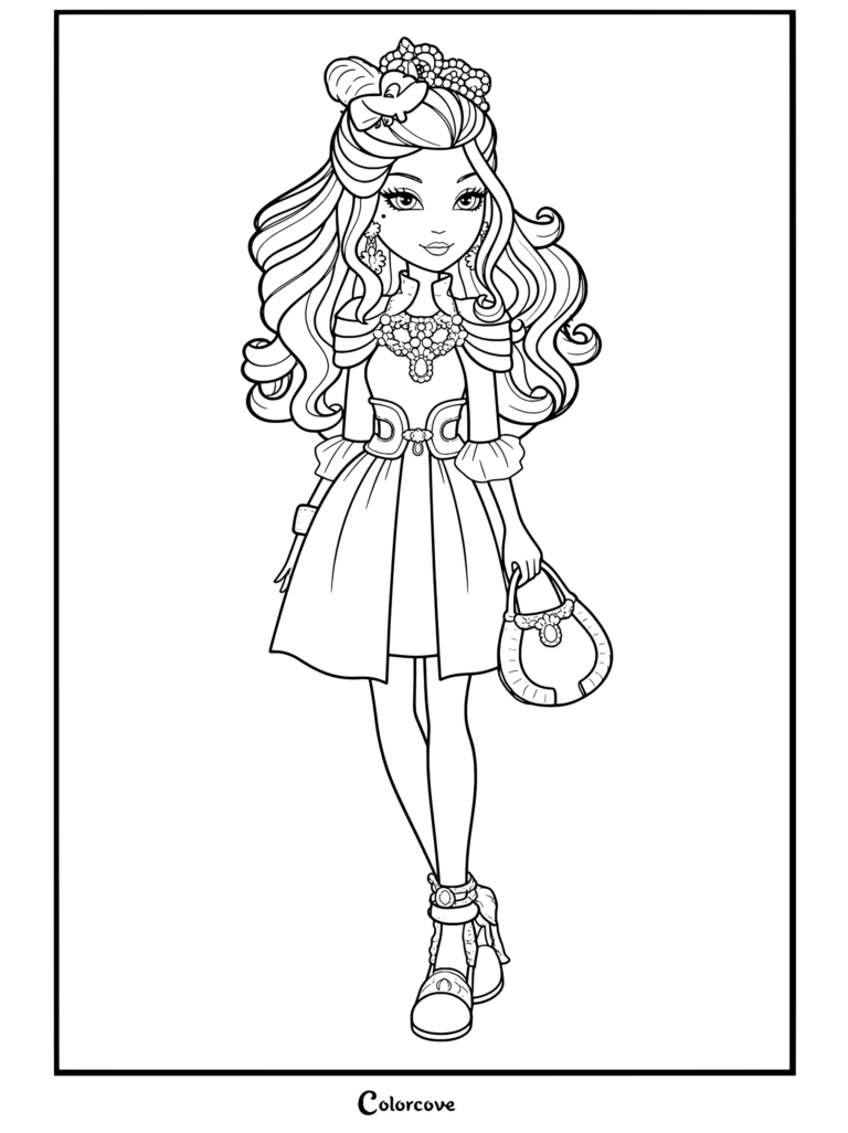 Coloriage d'Apple White de Ever After High dans sa tenue de la collection Epic Winter (jour de neige) tenant un sac argenté.