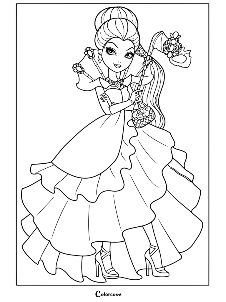 Coloriage à imprimer d'Raven Queen portant sa robe Thronecoming et tenant un masque de bal masqué de Ever After High.