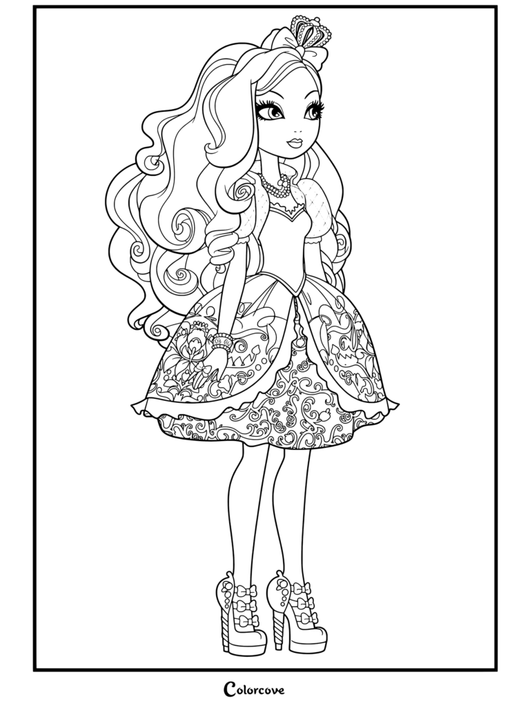 Apple White de Ever After High debout dans sa robe rouge et rose signature avec des cheveux blonds bouclés et une couronne avec nœud rouge, coloriage