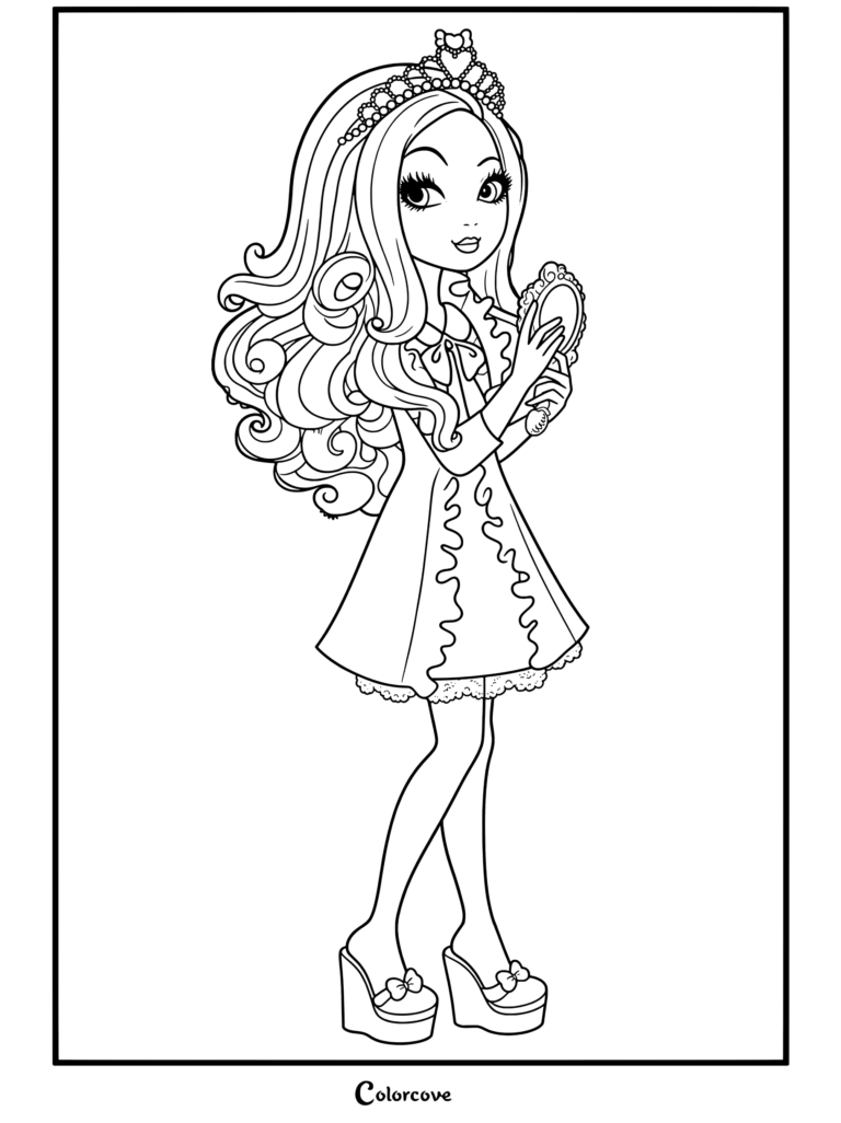 Apple White tenant un miroir magique, portant une robe rose et rouge avec des cheveux bouclés dorés et un diadème, coloriage Ever After High