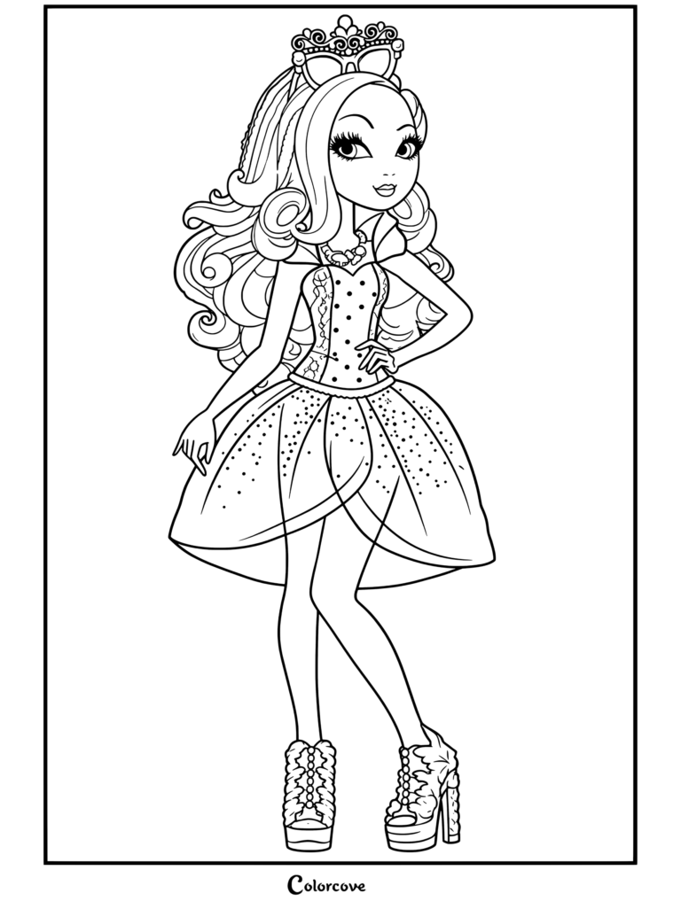 Illustration de la poupée Thronecoming d'Apple White portant une robe noire et rouge avec une jupe scintillante dorée et un diadème rouge, coloriage au trait pour les fans de Ever After High