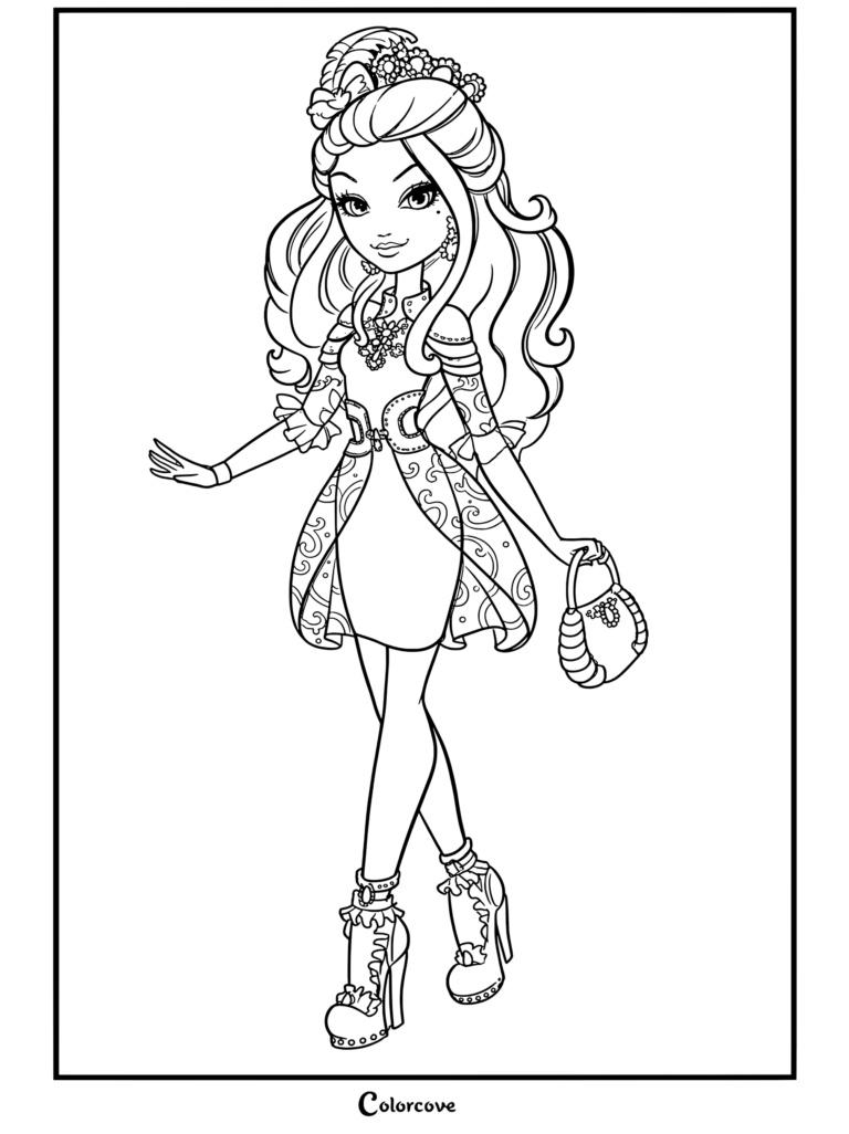 Apple White de Ever After High dans son œuvre de poupée mannequin de l'édition Way Too Wonderland, debout avec un sac à main pour un coloriage.
