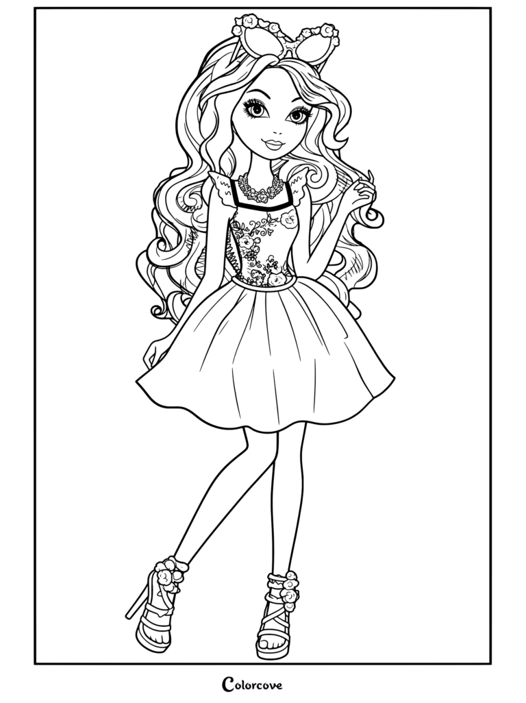 Briar Beauty dans une robe florale Epic Winter, talons roses et serre-tête de lunettes de soleil, tiré du coloriage Ever After High