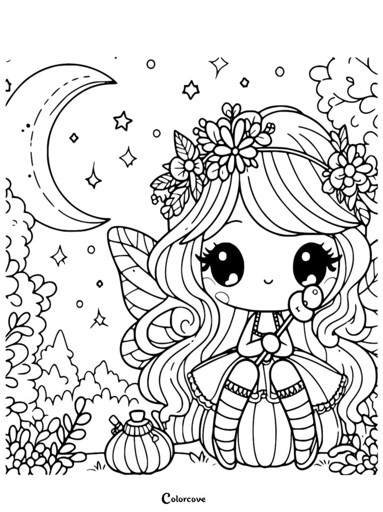 A chibi fairy with a flower crown and striped socks sitting on a pumpkin under a crescent moon, printable coloring page.
