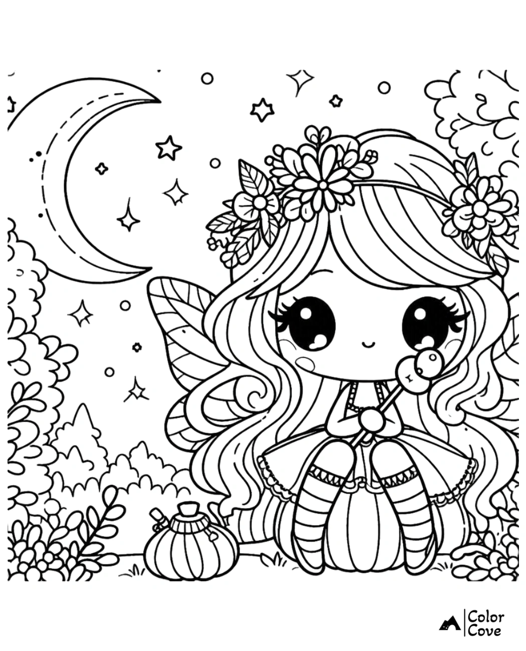 Fairy coloring page: a cute fairy with flowers in her hair sitting on a pumpkin under a crescent moon and stars.