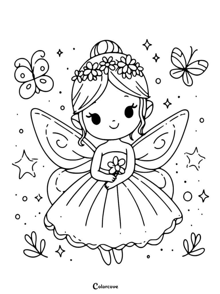 A cute fairy with a flower crown holding a small flower, surrounded by butterflies and stars in this printable coloring page.