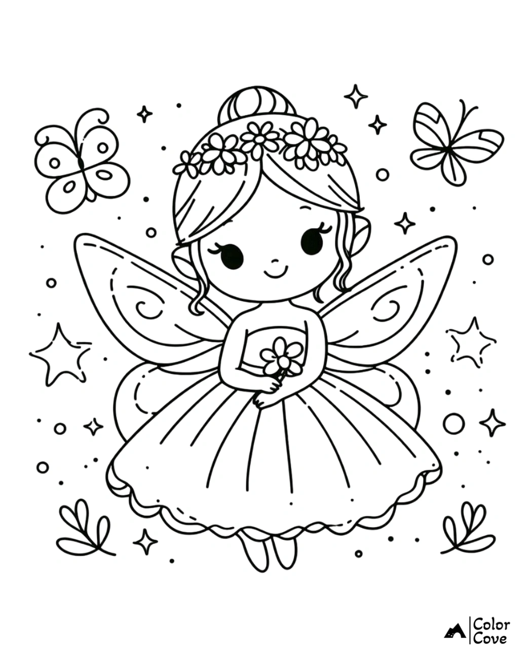 Cute fairy coloring page with butterflies, stars, and a floral crown. Perfect for kids' coloring activities.