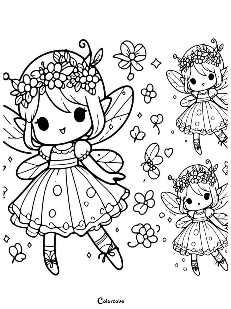 Three adorable chibi fairies with flower crowns and polka dot dresses flying among floating flowers on this free printable coloring page.