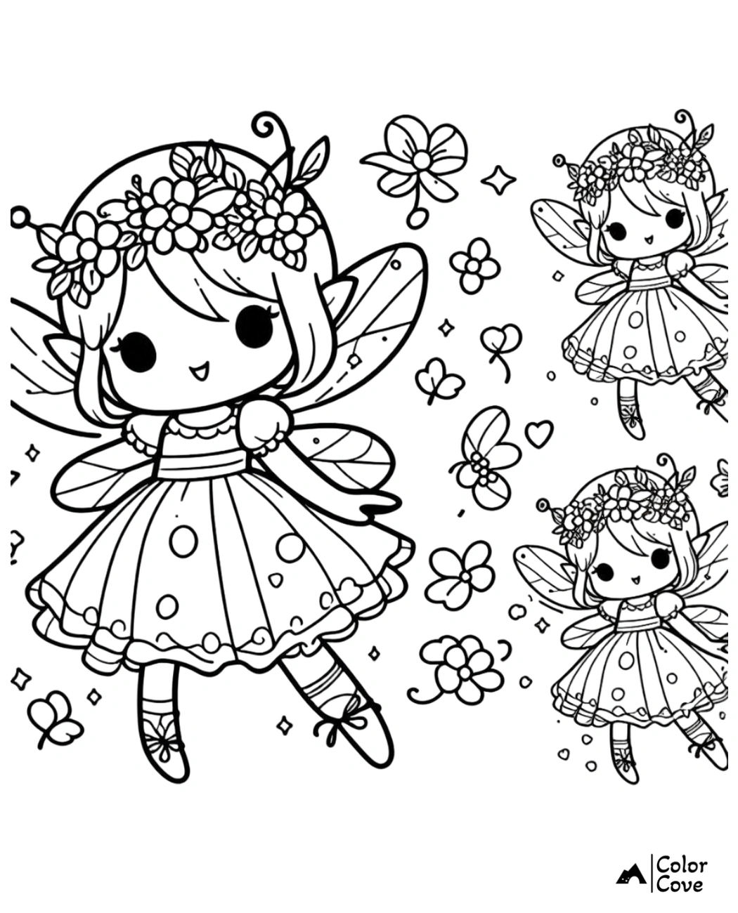 Cute fairy coloring page featuring an adorable fairy with a flower crown, wings, and surrounded by butterflies and flowers.