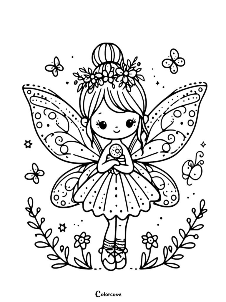 A cute fairy with a flower crown and patterned wings holding a donut, surrounded by butterflies and flowers in this printable coloring page.