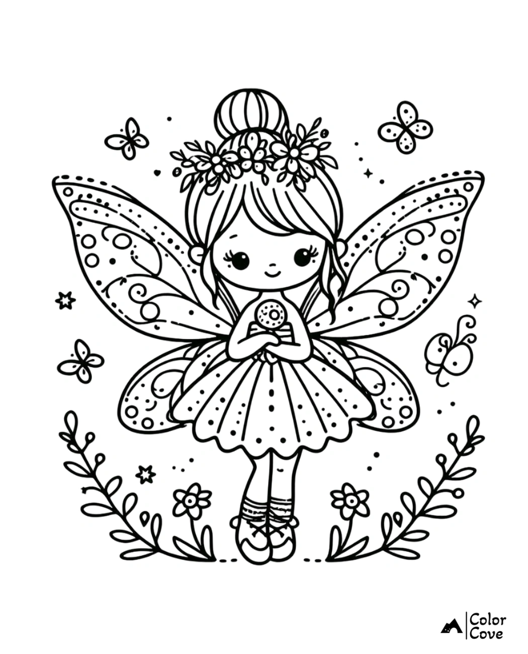 Fairy coloring page featuring a cute fairy with wings, holding a flower. Surrounding butterflies, flowers, and decorative elements.