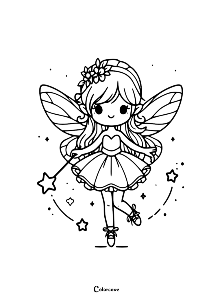 A cute chibi fairy with flower crown and star wand, line art coloring page.