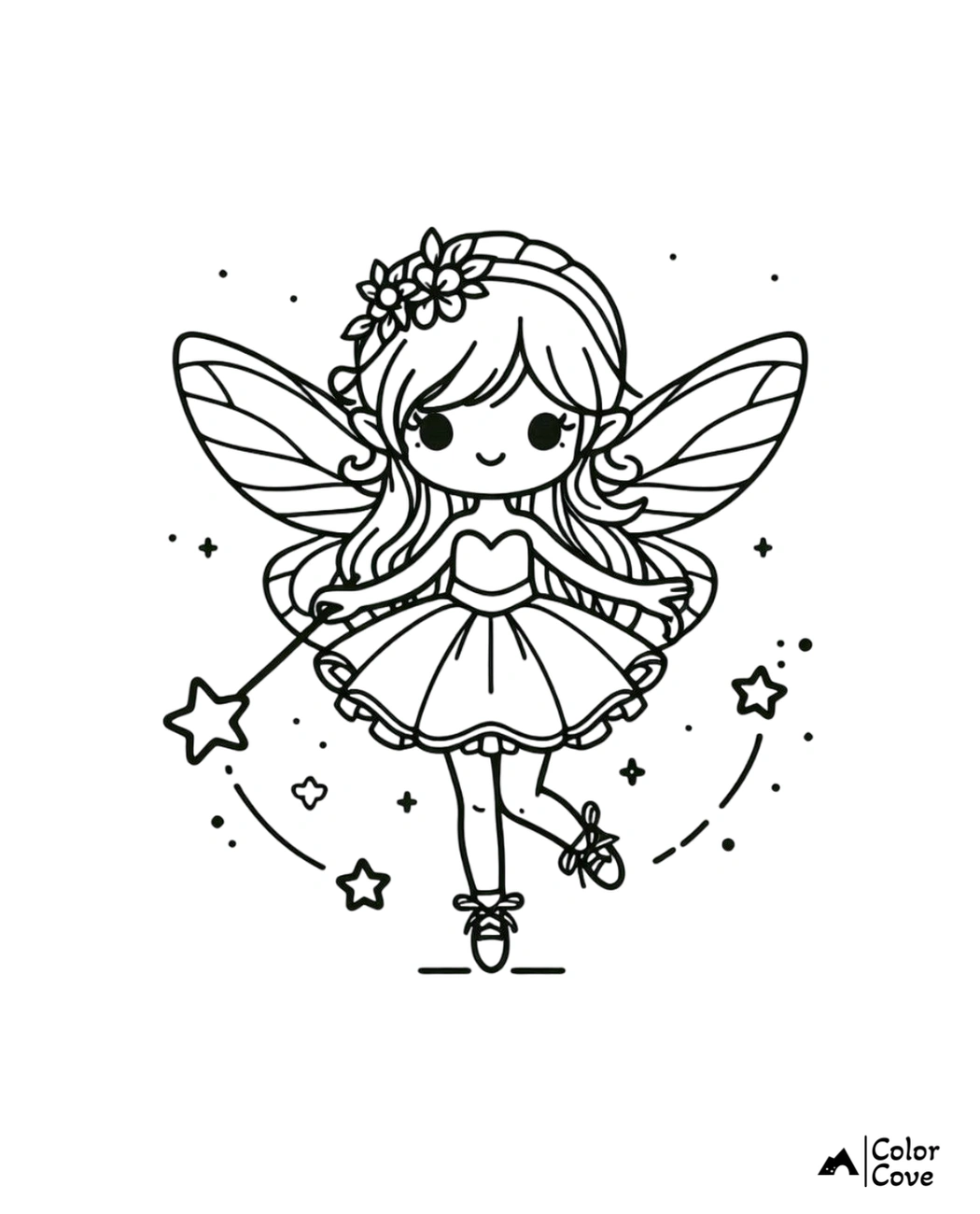 Fairy coloring page with wings, wand, and star-shaped elements. Ideal for kids' creative activities.