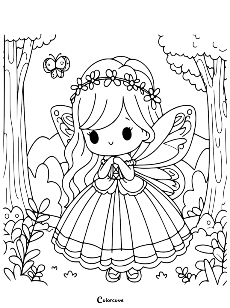 A cute fairy with a flower crown and butterfly wings standing in a forest, featured on a printable coloring page.