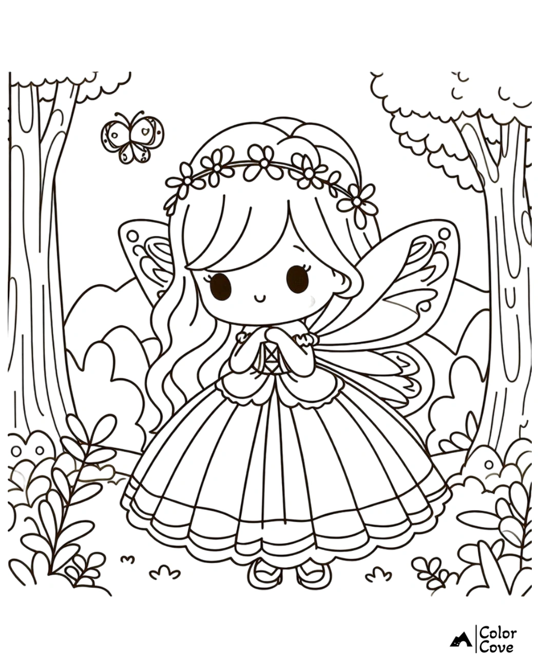 A cute fairy with butterfly wings and a flower crown in a forest scene, standing next to trees and plants, ready to color.