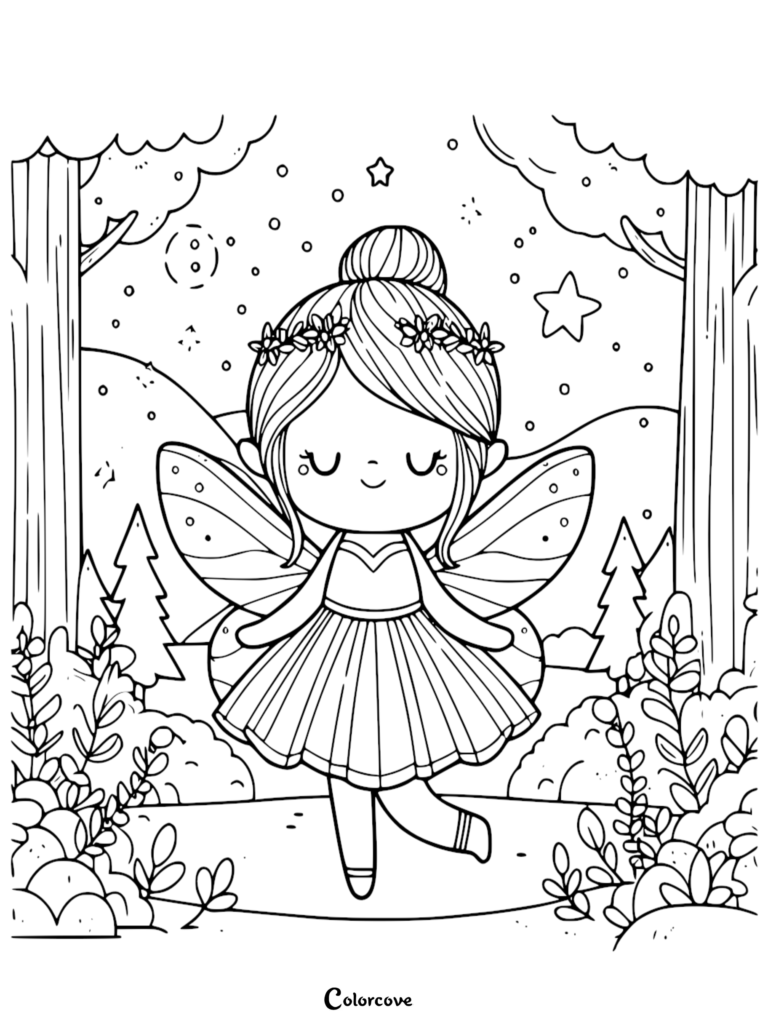 A cute fairy with a flower crown and bun hairstyle standing in a magical forest, line art coloring page.