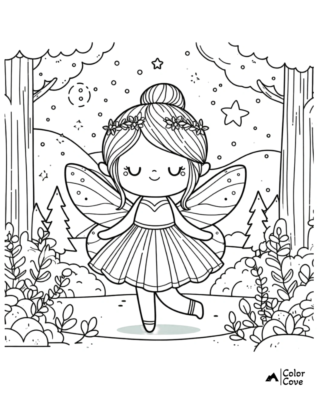 Cute fairy coloring page with a fairy wearing a flower crown dancing in a magical forest with stars and trees.