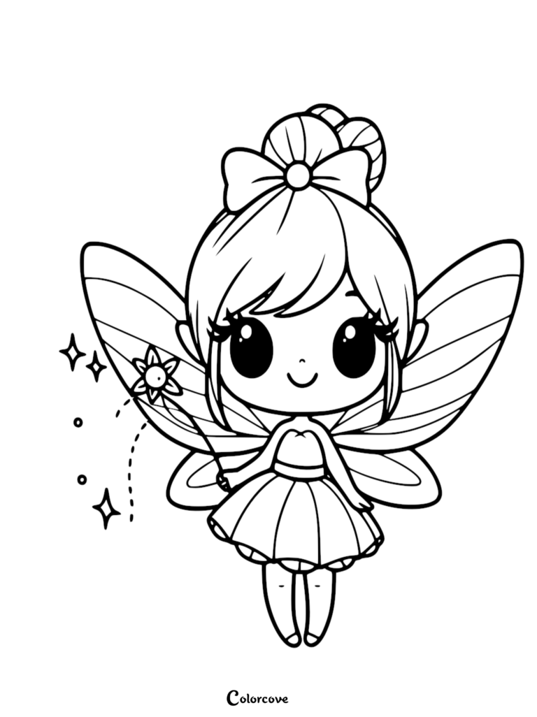 A chibi fairy with a bow in her hair holding a flower wand, featured on a printable coloring page.