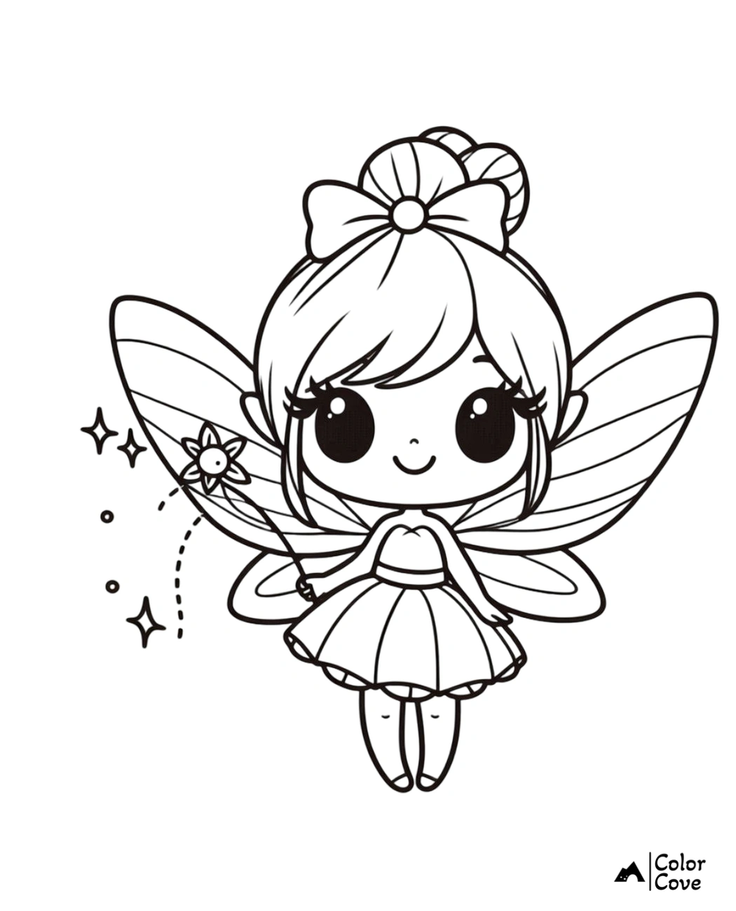 Cute fairy coloring page with big eyes, wings, flower wand, and bow. Perfect for kids' creative coloring fun.