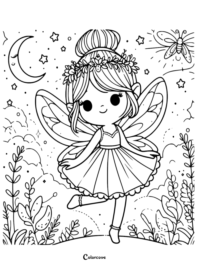 A cute fairy with a flower crown and bun hairstyle dancing in a night garden, coloring page featuring a crescent moon and a butterfly.