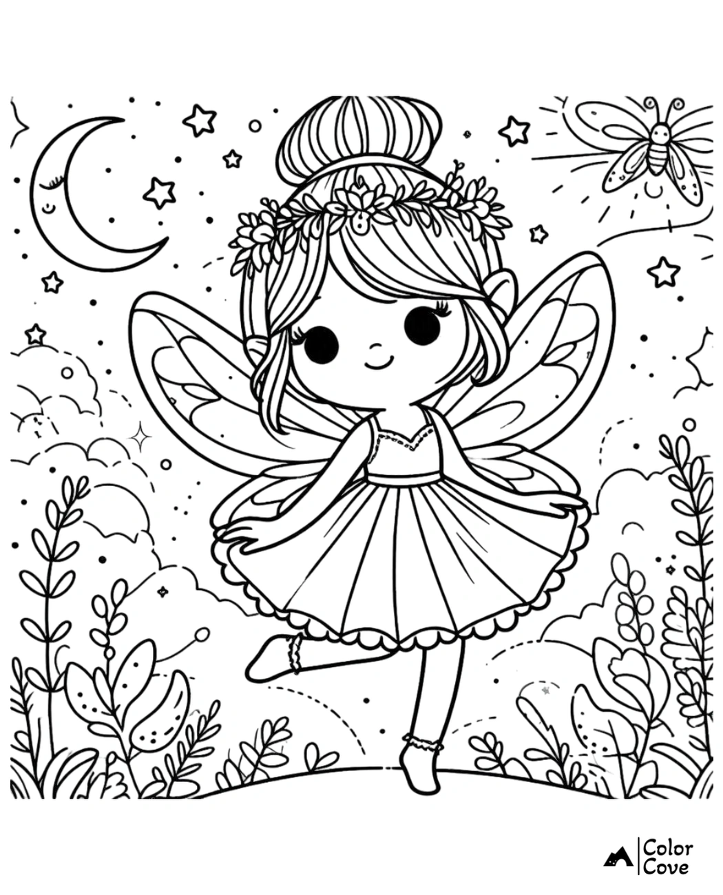 Fairy princess coloring page with stars, moon, and flowers. Perfect for kids who love fairies and magical scenes.