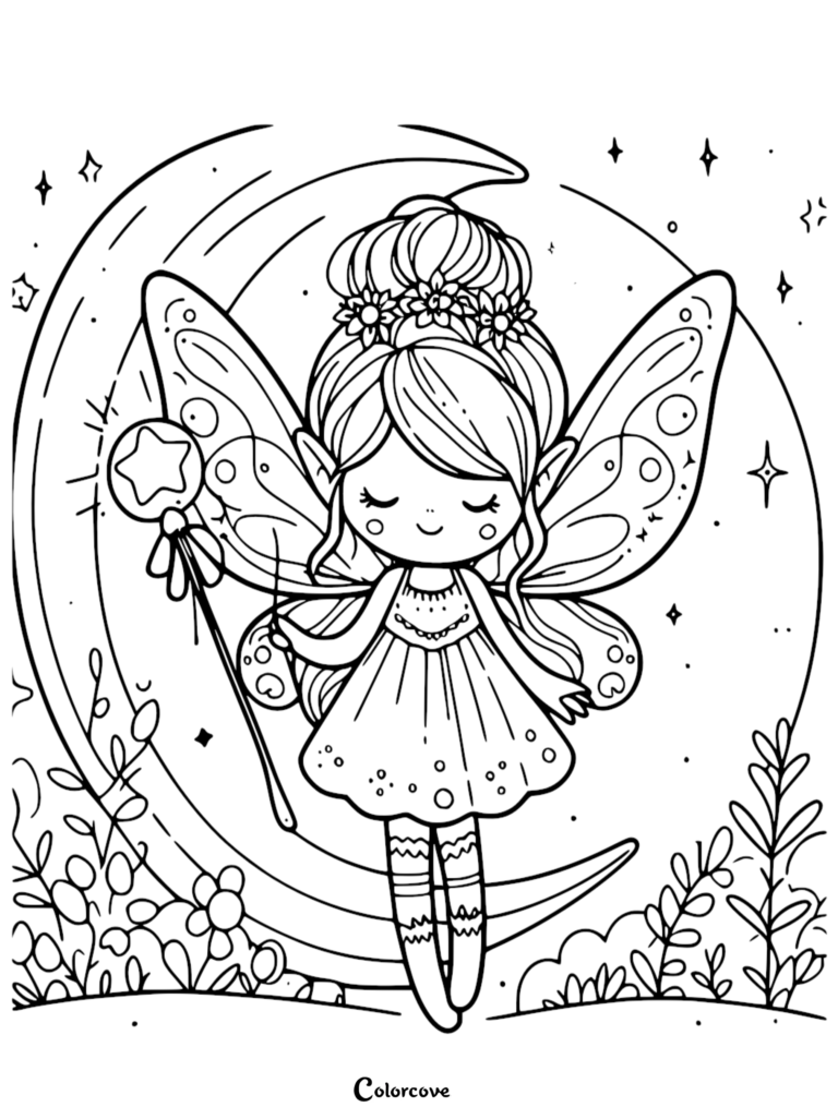 A cute fairy with a flower crown and star wand standing in front of a crescent moon, line art coloring page.