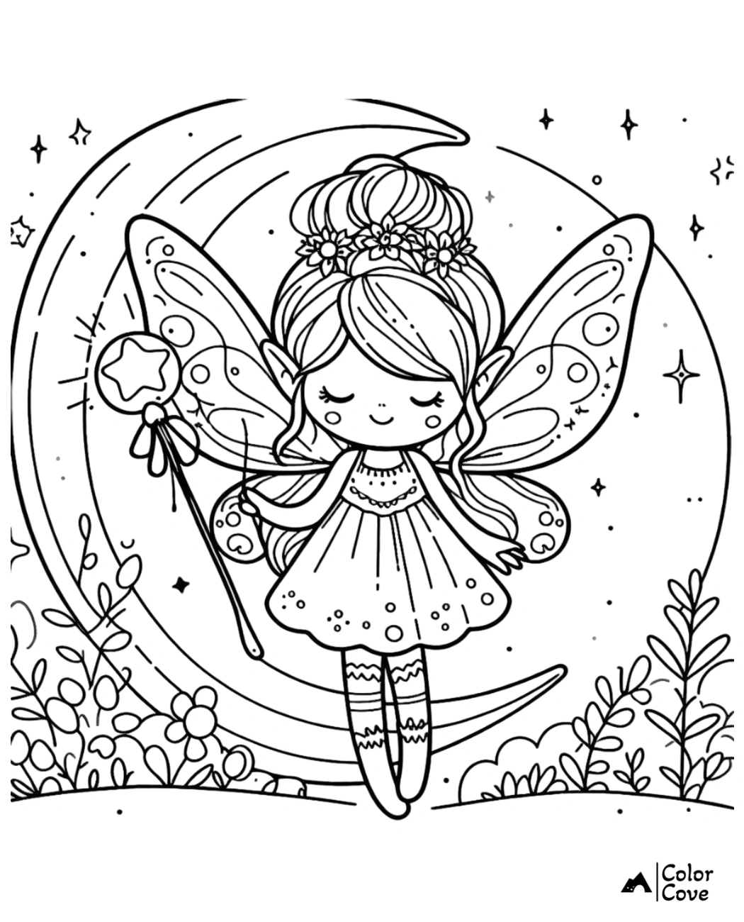 Fairy coloring page for kids, featuring a cute fairy with wings and a magic wand, standing in front of a crescent moon.