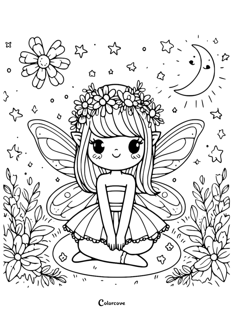 A cute chibi fairy wearing a flower crown sitting in a garden under a crescent moon coloring page.