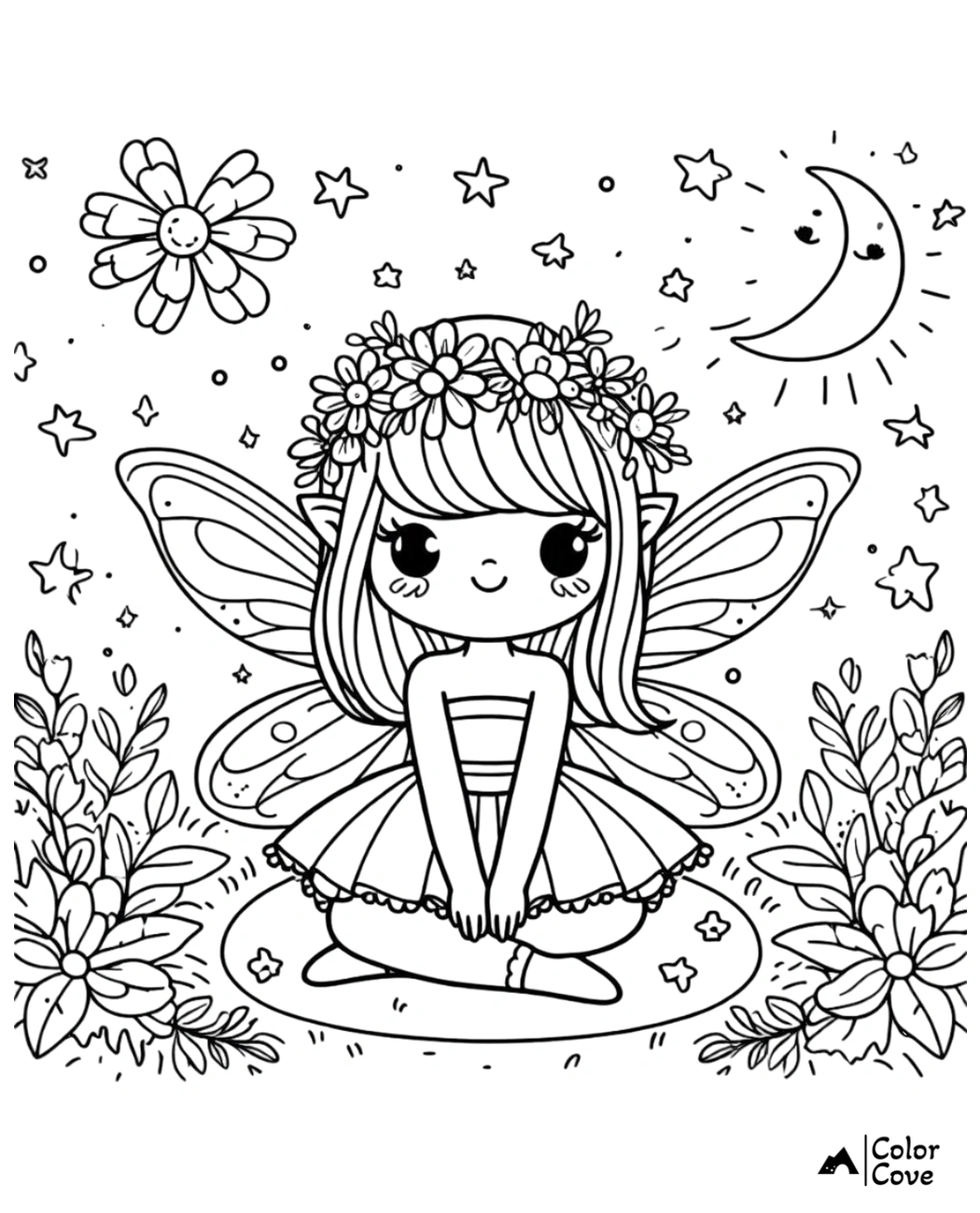 Cute fairy with flower crown and wings sitting surrounded by stars and plants, ready to be colored. Kid's coloring page.