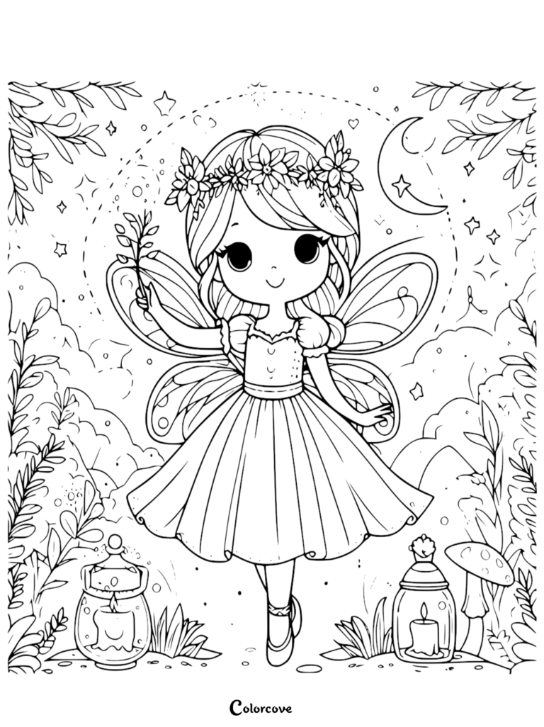 A cute fairy wearing a flower crown and holding a small twig, standing between two lanterns in a magical forest, printable coloring page.