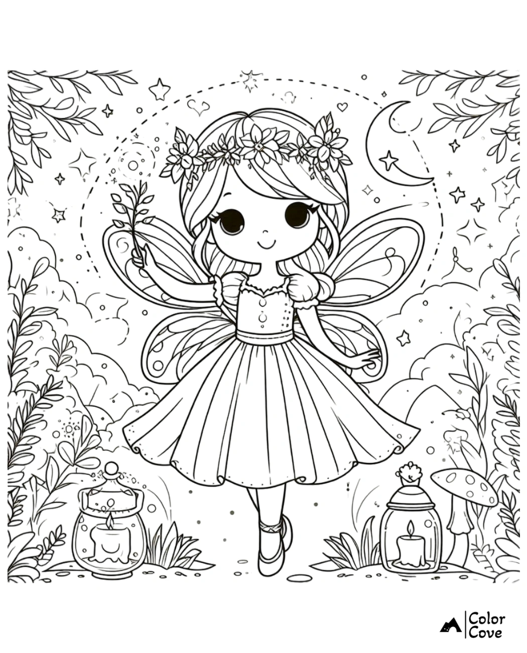 Fairy coloring page featuring a cute fairy with flower crown, wings, and magical background with stars and lanterns.