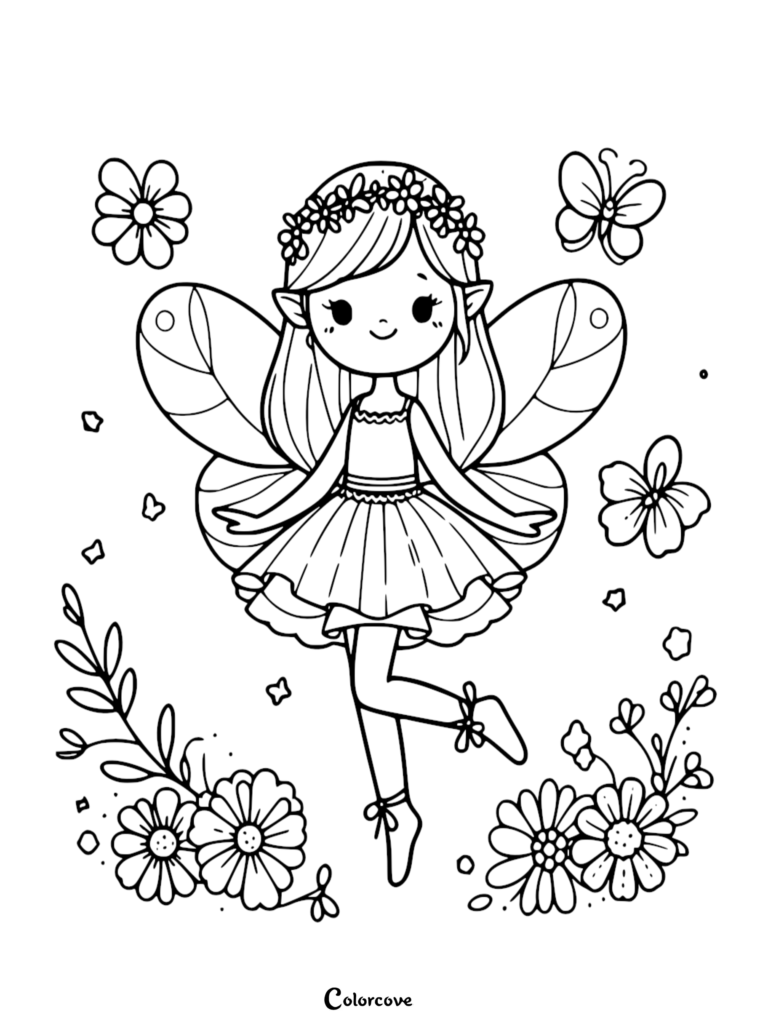A cute fairy wearing a flower crown and ballet slippers, surrounded by butterflies and flowers in this printable coloring page.