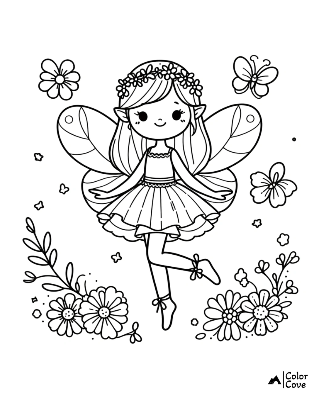 Fairy coloring page featuring a cute fairy with wings, flowers, and butterflies. Perfect for kids' fantasy-themed fun.