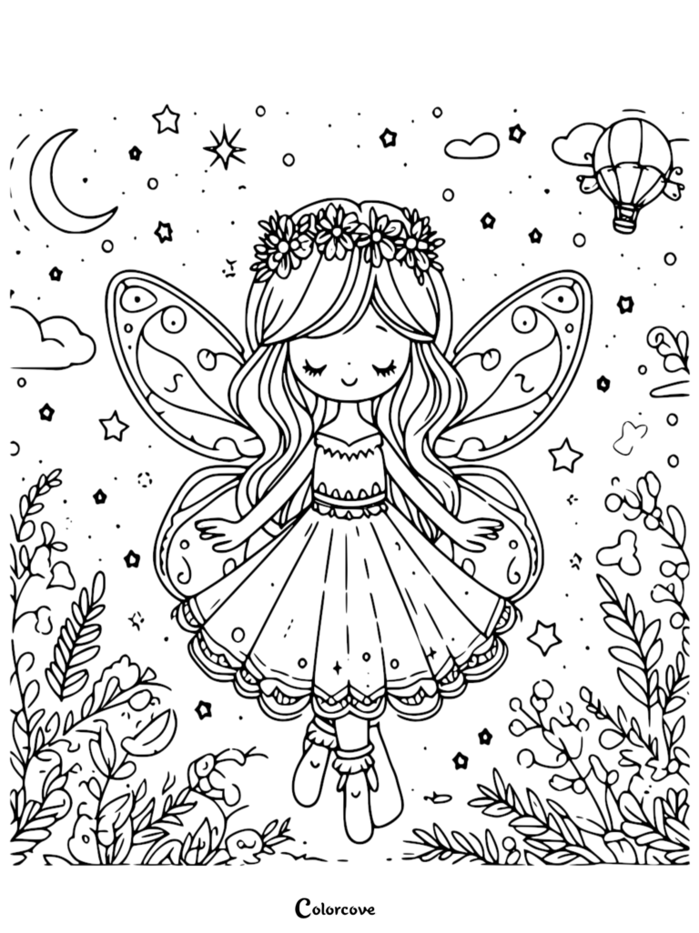 A cute fairy with a flower crown and patterned wings floating in a starry night sky, printable coloring page.