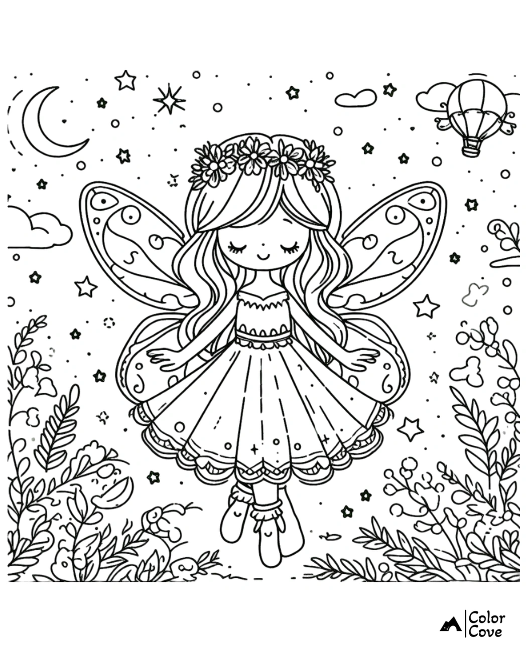 Coloring page of a fairy with butterfly wings, wearing a flower crown, surrounded by stars, plants, and a hot air balloon.