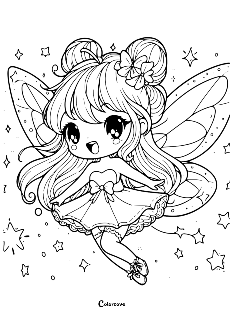 A cute chibi fairy with double buns and flower hair accessories flying amidst sparkling stars in this printable coloring page.