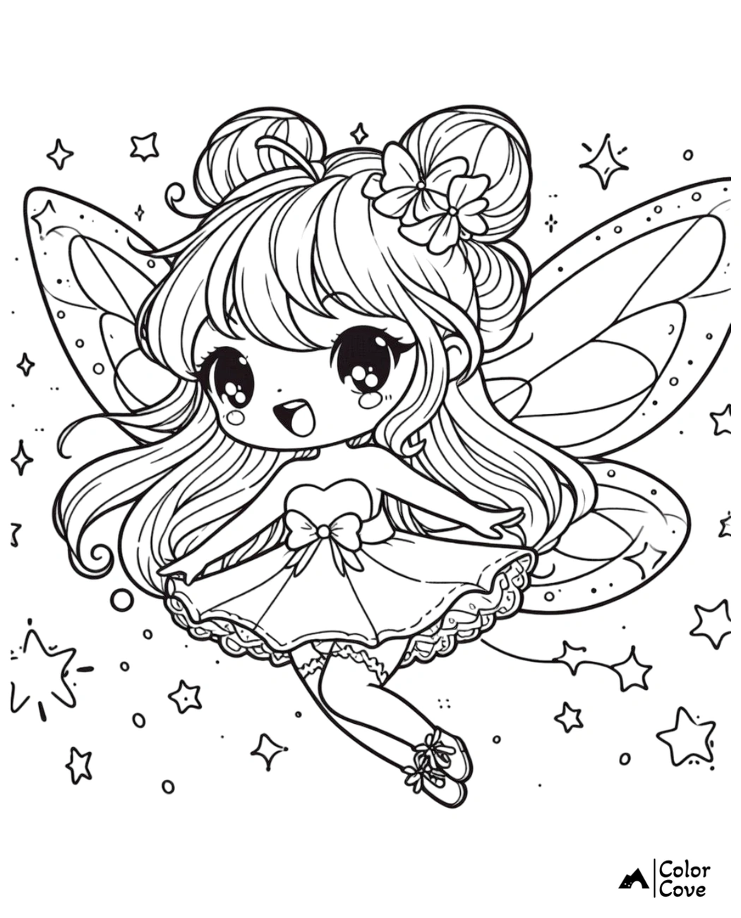 Fairy coloring page for kids with cute fairy, butterfly wings, and a decorated dress surrounded by stars. Printable design.