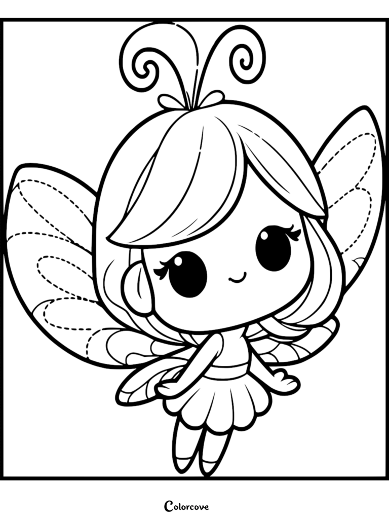 A cute chibi fairy with large eyes, antennae, and delicate wings in a simple line art coloring page style.