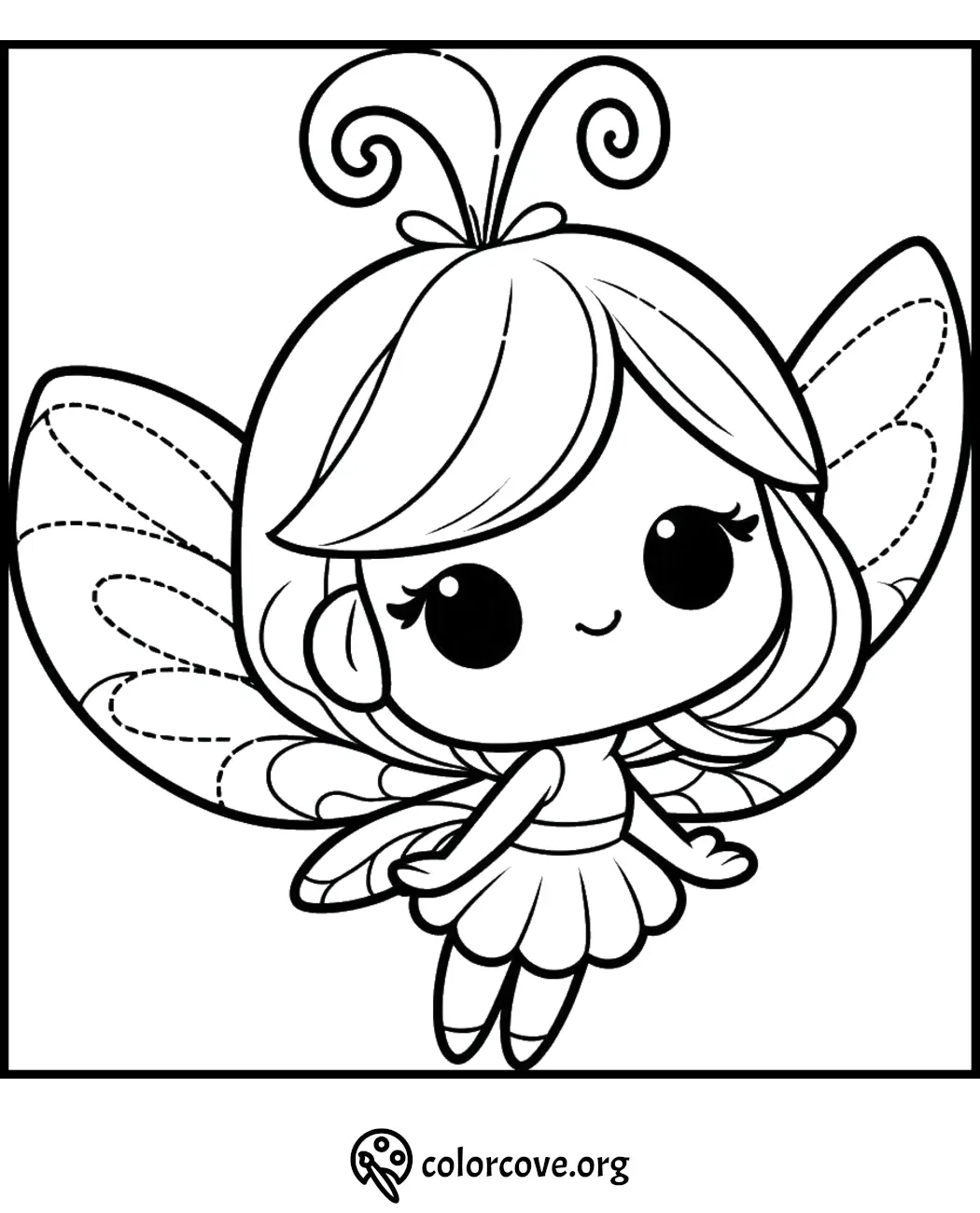 Adorable fairy-themed coloring page for kids featuring a cute fairy with wings and dress, perfect for creative fun.